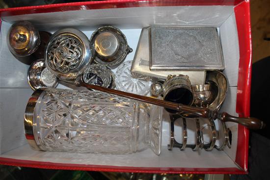 Silver rim glass vase, Persian silver cigarette case, various cruets, toddy ladle, toastracks etc